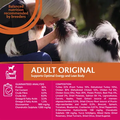 Adult Original Small Breed food. Guaranteed analysis: protein 36%, fat 16%, crude fibre 4%, omega-6 3.5%, omega-3 1.5%. Main ingredients: turkey, chicken, peas, potato, salmon oil.