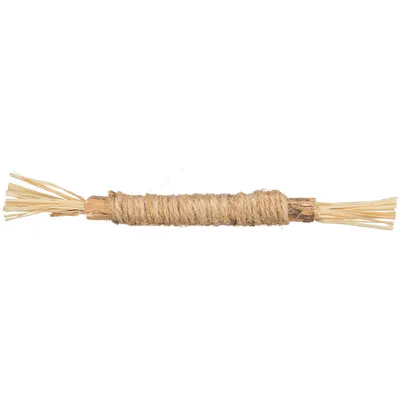 Bâtonnet en bois entouré de corde naturelle, extrémités effilochées, sans marque visible ni texte.