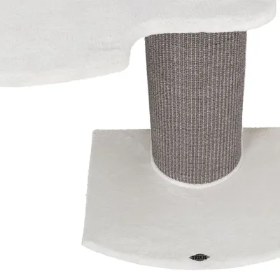 Base et poteau d’arbre à chat Trixie, poteau recouvert de sisal gris, base carrée en tissu blanc avec logo Trixie visible.