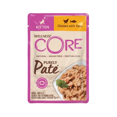 Wellness CORE Purely Paté Chicken with Tuna, natural, grain free, protein-rich food for kittens. Contains DHA to support brain and eye development. 85g pouch.