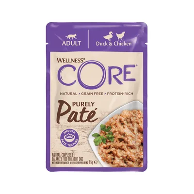 Wellness CORE Purely Paté adult duck and chicken, natural, grain free, protein-rich, smooth paté texture, complete balanced food for adult cats, 85g pouch.