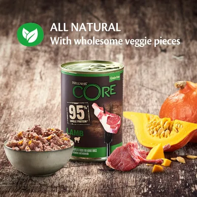 Wellness CORE lamb food can with text: all natural, with wholesome veggie pieces, 95% single protein. Shown with bowl of food, raw lamb and pumpkin pieces.