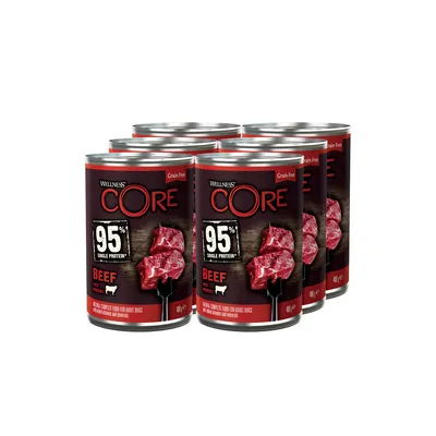 Six cans labelled as grain free, 95% single protein beef. Text states complete food for adult dogs with added vitamins and minerals. Each can contains 400g.