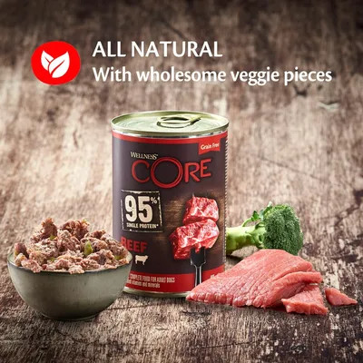 Wellness CORE beef food can with text stating all natural, wholesome veggie pieces, grain free, and 95% single protein. Shown with bowl of food, raw beef slices, and broccoli.