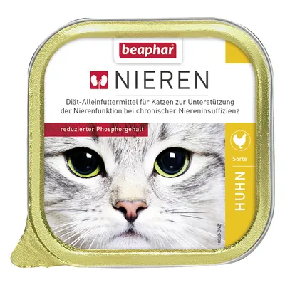 beaphar NIEREN, Huhn, żółte opakowanie aluminiowe, widoczny symbol kurczaka i napis Sorte. Częściowo zasłonięta etykieta produktu.