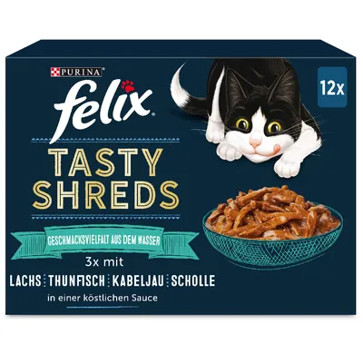 Purina Felix Tasty Shreds, rozmanité příchutě z vody, 12 porcí, 3x s lososem, tuňákem, treskou, platýsem v lahodné omáčce.