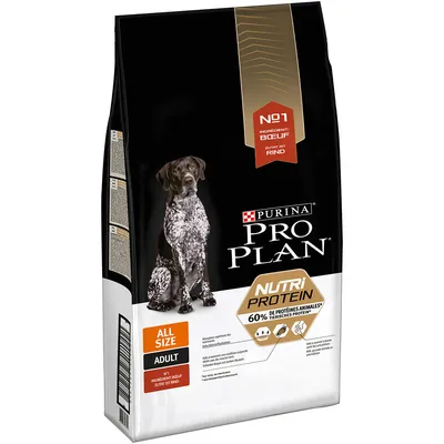 Saco de pienso para perros Purina Pro Plan Nutri Protein, 60 % de proteínas animales, All Size Adult, ingrediente principal buey. Texto en inglés y francés visible en el envase.