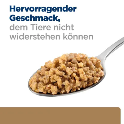 Hervorragender Geschmack, dem Tiere nicht widerstehen können. Abgebildet: Löffel mit fleischähnlicher Futterstruktur.
