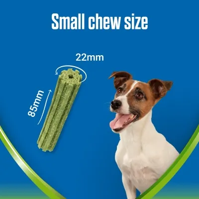 Small chew size shown with dimensions: 85mm length and 22mm width. Image includes a pet next to the chew for scale.