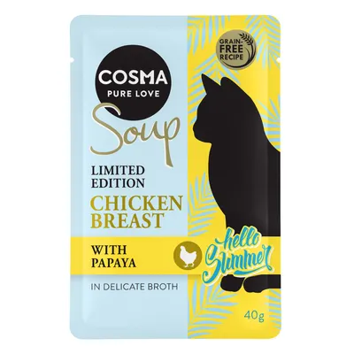 Cosma Pure Love Soup, Limited Edition, petto di pollo con papaya in delicato brodo, ricetta senza cereali, 40g. Design Hello Summer con silhouette di gatto.