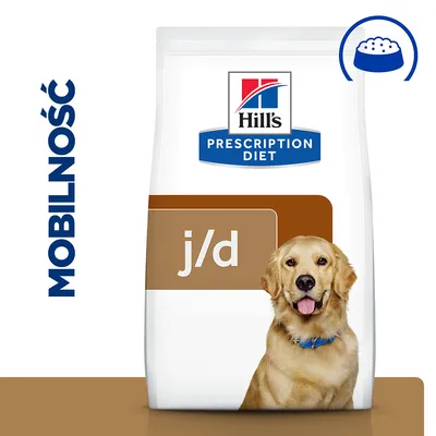 Opakowanie karmy Hill's Prescription Diet j/d z napisem MOBILNOŚĆ po lewej stronie. Widoczne logo marki i miska z jedzeniem w prawym górnym rogu.