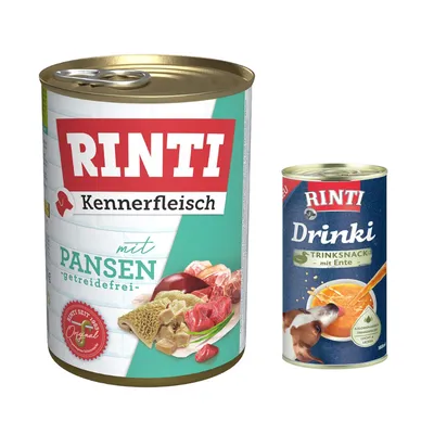 RINTI Kennerfleisch mit Pansen, getreidefrei. RINTI Drinki Trinksnack mit Ente, kalorienarm und leicht verdaulich.