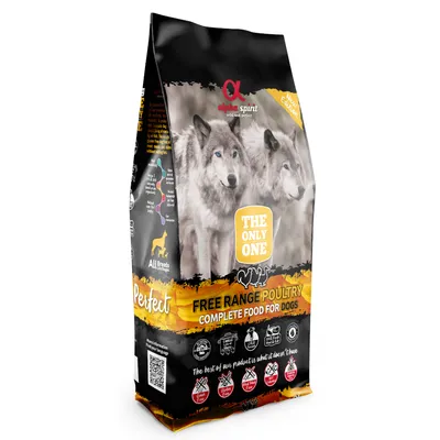 Sac de croquettes Alpha Spirit THE ONLY ONE Free Range Poultry, alimentation complète pour chiens, texte en anglais, images de loups et pictogrammes d’ingrédients exclus sur l’emballage.