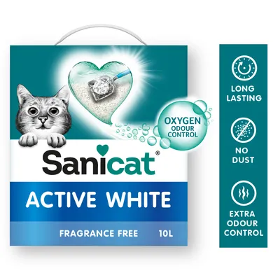 Sanicat Active White, Fragrance Free, 10L. Oxygen Odour Control. Long lasting, no dust, extra odour control. Texte en anglais.