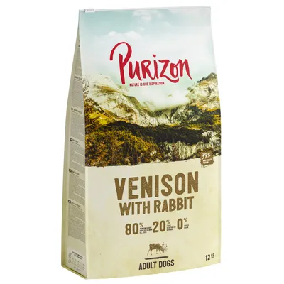 Bag labelled venison with rabbit, 80% animal ingredients, 20% fruit and herbs, 0% grain, for adult dogs, 12kg. Brand name Purizon visible.