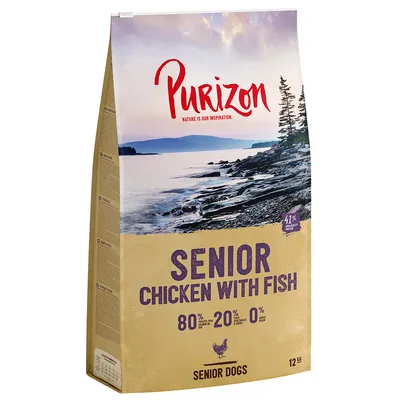 Purizon Senior Chicken with Fish, 80% animalske ingredienser, 20% grøntsager og urter, 0% korn. Tørfoder til ældre hunde, 12 kg pakke.
