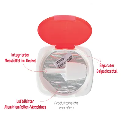 Produktvy uppifrån: integrerad mätsked i locket, separat bipacksedel och lufttät aluminiumfolieförsegling.