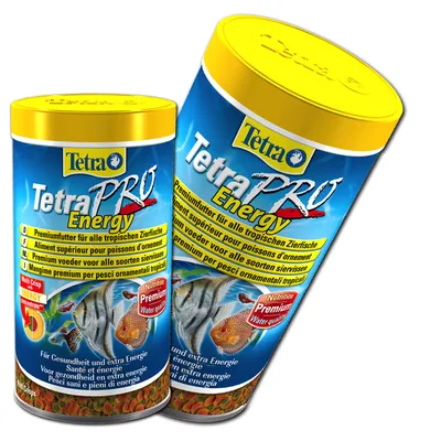 Două recipiente TetraPRO Energy, hrană premium pentru pești ornamentali tropicali. Text vizibil: 'Für Gesundheit und extra Energie', 'Nutrition Premium Water quality'. Imagini cu pești tropicali.