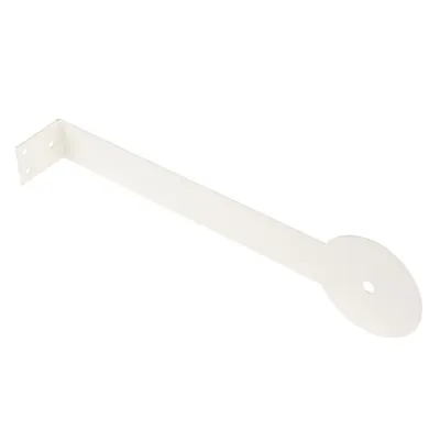 Support en métal blanc avec deux trous de fixation à une extrémité et un disque rond percé à l'autre extrémité.