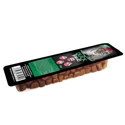 Emballage de friandises Alpha Spirit Duck Snacks 35 g, avec image de chat et texte en anglais. Morceaux visibles à travers le plastique transparent.