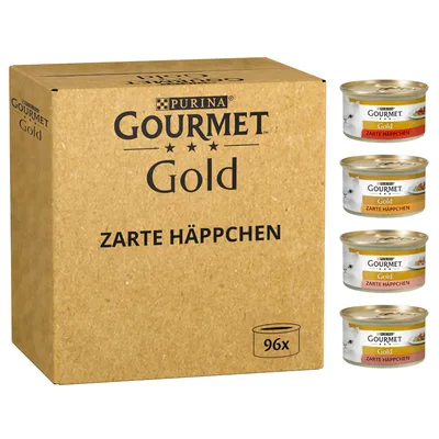 Purina Gourmet Gold Møre Bidder, 96 dåser. Forskellige varianter vist: kylling, oksekød, laks og kalkun.