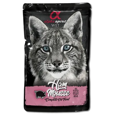 Alpha Spirit Wet Mousse Complete Cat Food, Stages, 85g. Packaging with pink and black design.
