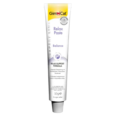 GimCat Relax Paste Balance, Expert Line, Relax-Support Formula. Podporuje relaxaci a pohodu ve speciálních situacích. Vyrobeno v Německu, 50g, bez přidaného cukru.