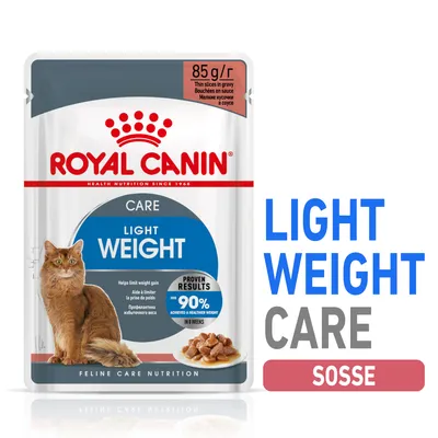 ROYAL CANIN CARE LIGHT WEIGHT, 85 g, komadići u umaku, Feline Care Nutrition. Tekst: proven results over 90% achieved a healthier weight in 8 weeks. Slika mačke i hrane.
