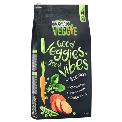 Greenwoods Veggie Adult Dog. Good Veggies, good vibes with potatoes. 100% vegetarian, grain-free recipe, complete pet food. Pack size: 12 kg.