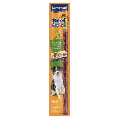 Vitakraft Beef Stick Original, povrtni štapić za pse, >85 % mesa, bez šećera, dodatne vitamine, prikazana ambalaža s natpisima i slikom psa.