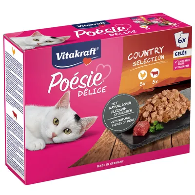 Vitakraft Poésie Délice Country Selection, 6x gelei, met natuurlijke stukjes vlees, suikervrij, graanvrij, Made in Germany.