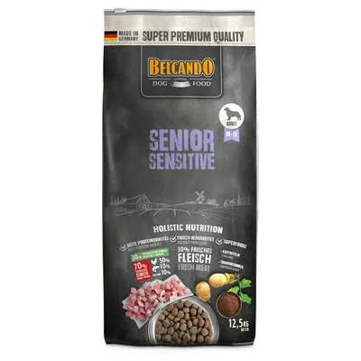 Belcando Dog Food Senior Sensitive, vyrobeno v Německu, holistická výživa s 30 % čerstvého masa, brambory a superpotraviny. Pro dospělé psy M-XL, 12,5 kg netto.
