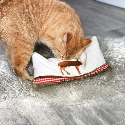 Рижав кот подушва бяла плюшена възглавничка с бродирано кафяво еленче и червено-бял кариран кант, поставена върху сив пухкав килим.