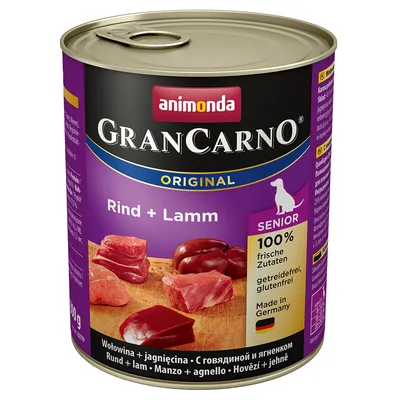 animonda GranCarno Original Rind + Lamm Senior koiran märkäruoka, 100 % frische Zutaten, viljaton, gluteeniton, Made in Germany. Purkissa naudan- ja lampaanlihan kuvia.