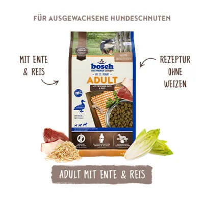 bosch Adult mit Ente & Reis, Rezeptur ohne Weizen, für ausgewachsene Hunde. Abbildung von Trockenfutter, frischer Ente, Reis und Chicorée. bosch Adult mit Ente & Reis, Rezeptur ohne Weizen, für ausgewachsene Hunde. Abbildung von Trockenfutter, frischer Ente, Reis und Chicorée.