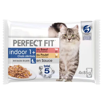 Perfect Fit indoor 1+ steriloiduille kissoille, kastikkeessa. 2x naudanliha ja porkkana, 2x kana ja herne. Anti-boules de poils. Pakkaus sisältää 4 x 85 g annospussia.