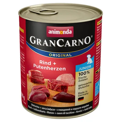 Animonda GranCarno Original Rind + Putenherzen Junior, 100 % frische Zutaten, viljaton, gluteeniton, Made in Germany. Kuvassa naudanlihaa ja kalkkunansydäntä.