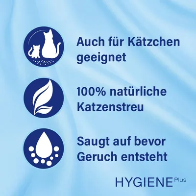 Auch für Kätzchen geeignet. 100% natürliche Katzenstreu. Saugt auf bevor Geruch entsteht. Hygiene Plus.