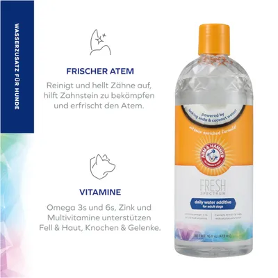 Vattentillsats för hundar. Fräsch andedräkt: rengör och ljusar upp tänder, bekämpar tandsten, fräschar upp andedräkt. Vitaminer: Omega 3 och 6, zink, multivitaminer stödjer päls, hud, ben, leder.