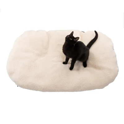 Beige husdjursbädd av mjukt material med en svart katt på. Passar för komfort och avkoppling för husdjur.