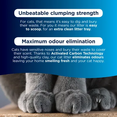 Text på engelska: Unbeatable clumping strength. Maximum odour elimination. Activated Carbon Technology, eliminates odours, smelling fresh. Bild på grå kattassar nedtill.