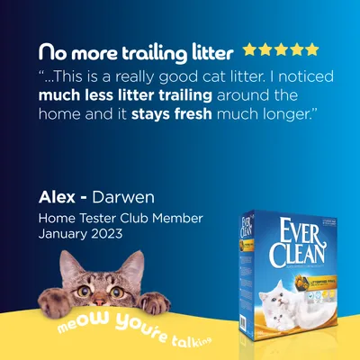 Ever Clean Katzenstreu. Bewertung von Alex, Home Tester Club Mitglied Januar 2023: Weniger Streuverlust, bleibt länger frisch. Slogan: Meow you're talking.