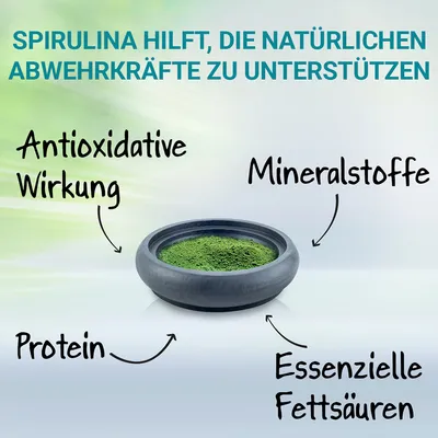 Текст на немецком: SPIRULINA HILFT, DIE NATÜRLICHEN ABWEHRKRÄFTE ZU UNTERSTÜTZEN. Антиоксидативное действие, минералы, белок, незаменимые жирные кислоты. Изображение порошка спирулины.