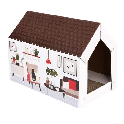 Cardboard house with brown roof and living room design, includes scratching surface inside.