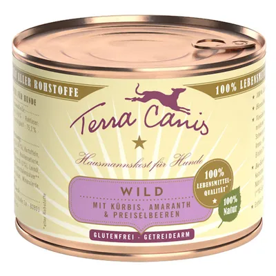 Terra Canis Hausmannskost für Hunde, Wild mit Kürbis, Amaranth & Preiselbeeren, 100 % Lebensmittel-Qualität, 100 % Natur, gluteeniton, vähärakeinen. Teksti saksaksi.