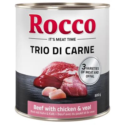 Boîte Rocco Trio di Carne 800 g, bœuf avec poulet et veau. Texte visible : 3 varieties of meat and offal, It's meat time.
