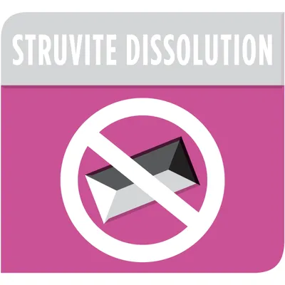 Struvite dissolution feature highlighted with a struvite crystal crossed out, indicating the product helps dissolve struvite crystals.