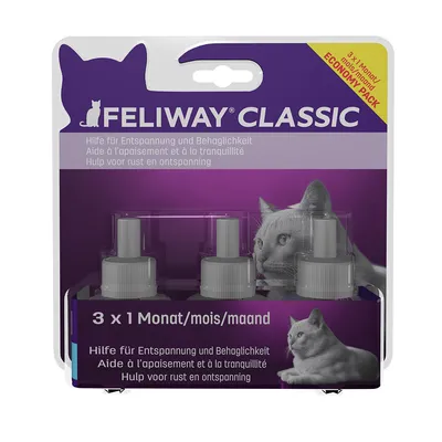 Feliway Classic икономичен пакет, 3 x 1 месец. Помощ за релаксация и уют. Текст на немски, френски и нидерландски.