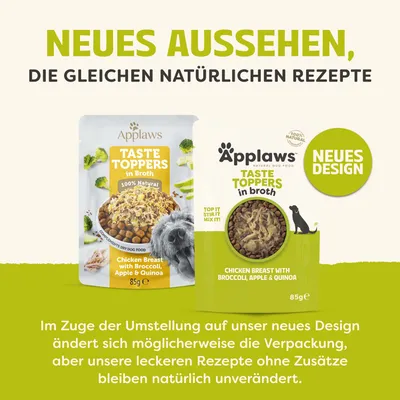 Applaws Taste Toppers en bouillon, poitrine de poulet avec brocoli, pomme et quinoa, 85 g. Nouveau design, mêmes recettes naturelles, la recette reste inchangée malgré le changement d'emballage.