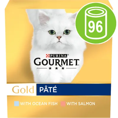 Gold pâté selection with ocean fish and salmon, 96 cans indicated in green icon